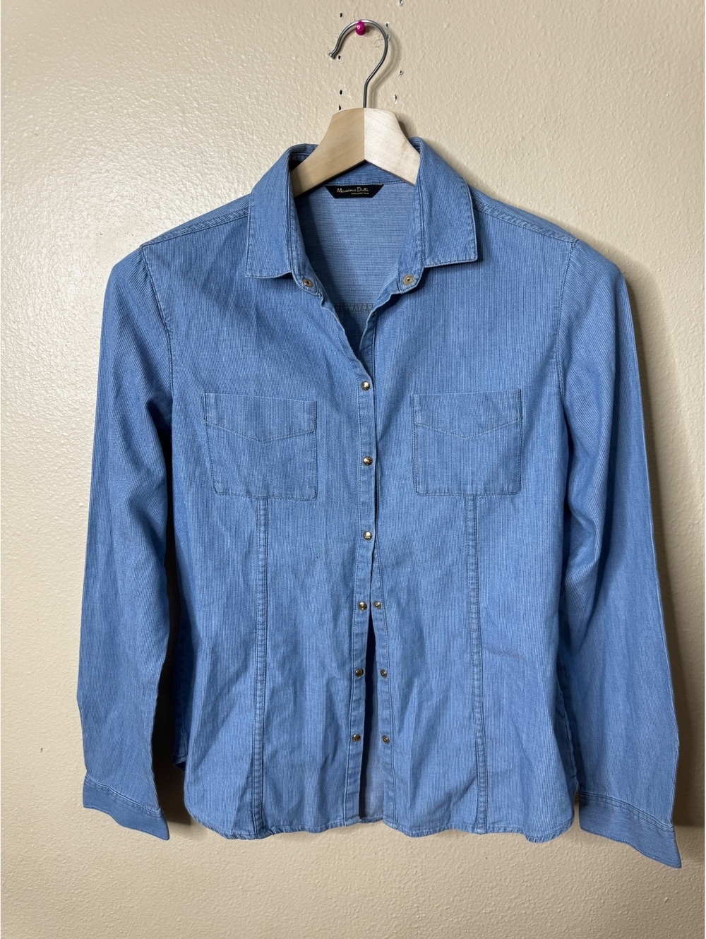 Massimo Dutti Blue 100% Cotton Western Snap Front Shirt Long Sleeve Size 8